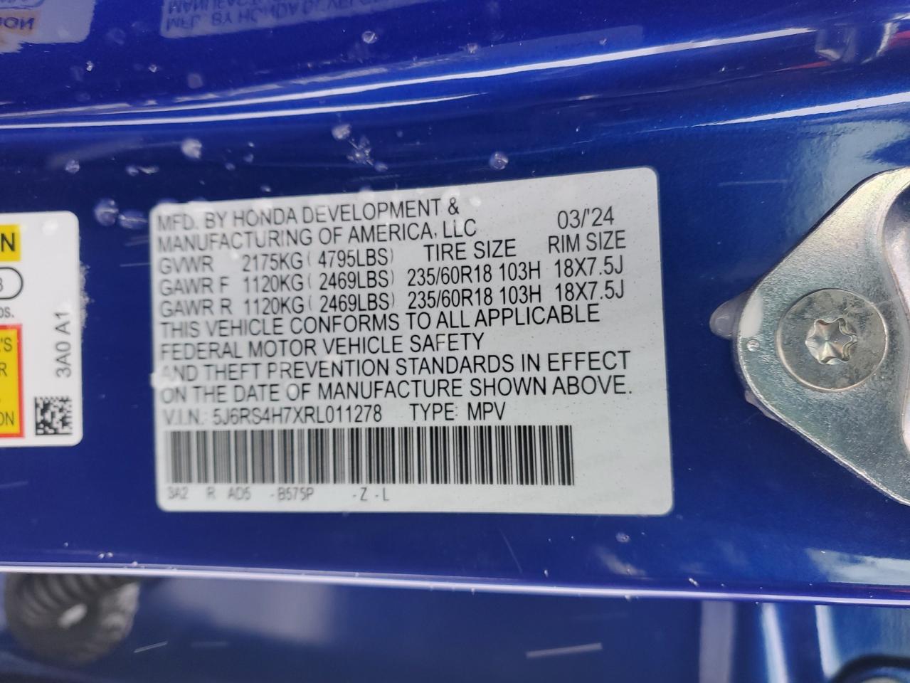 2024 HONDA CR-V EXL VIN:5J6RS4H7XRL011278