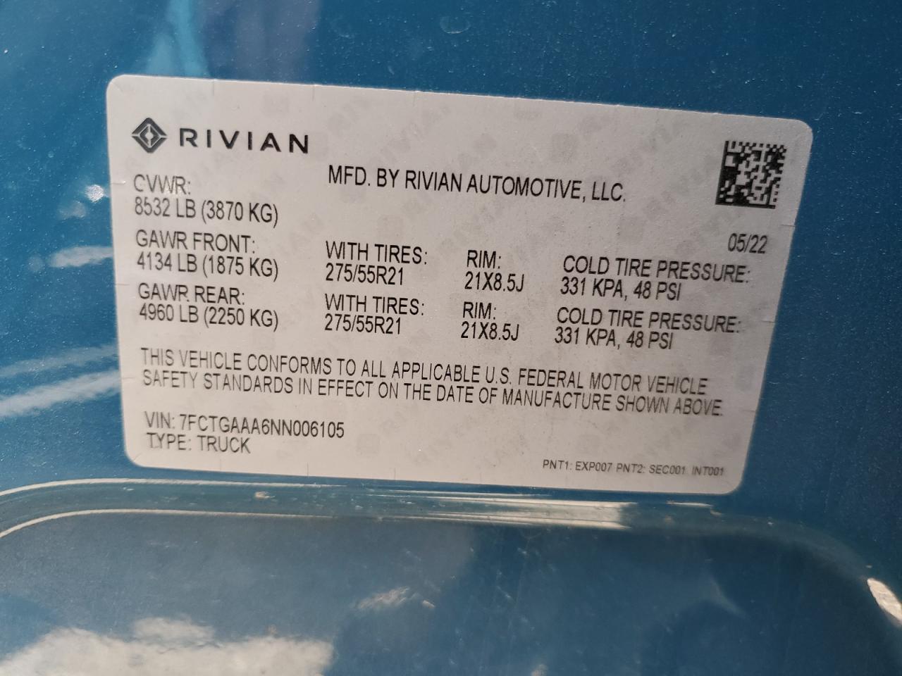 2022 RIVIAN R1T ADVENTURE VIN:7FCTGAAA6NN006105