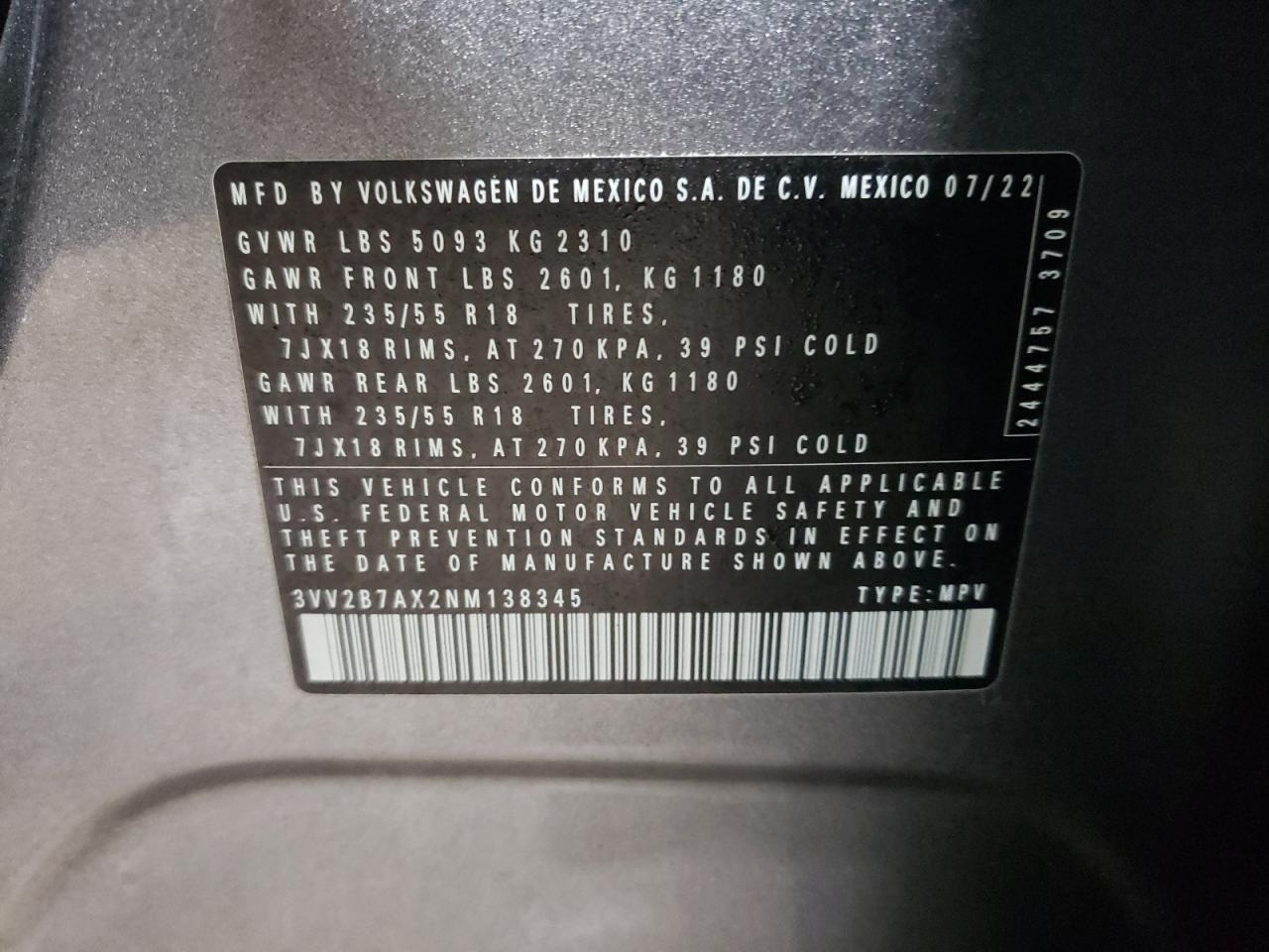 2022 VOLKSWAGEN TIGUAN SE VIN:3VV2B7AX2NM138345