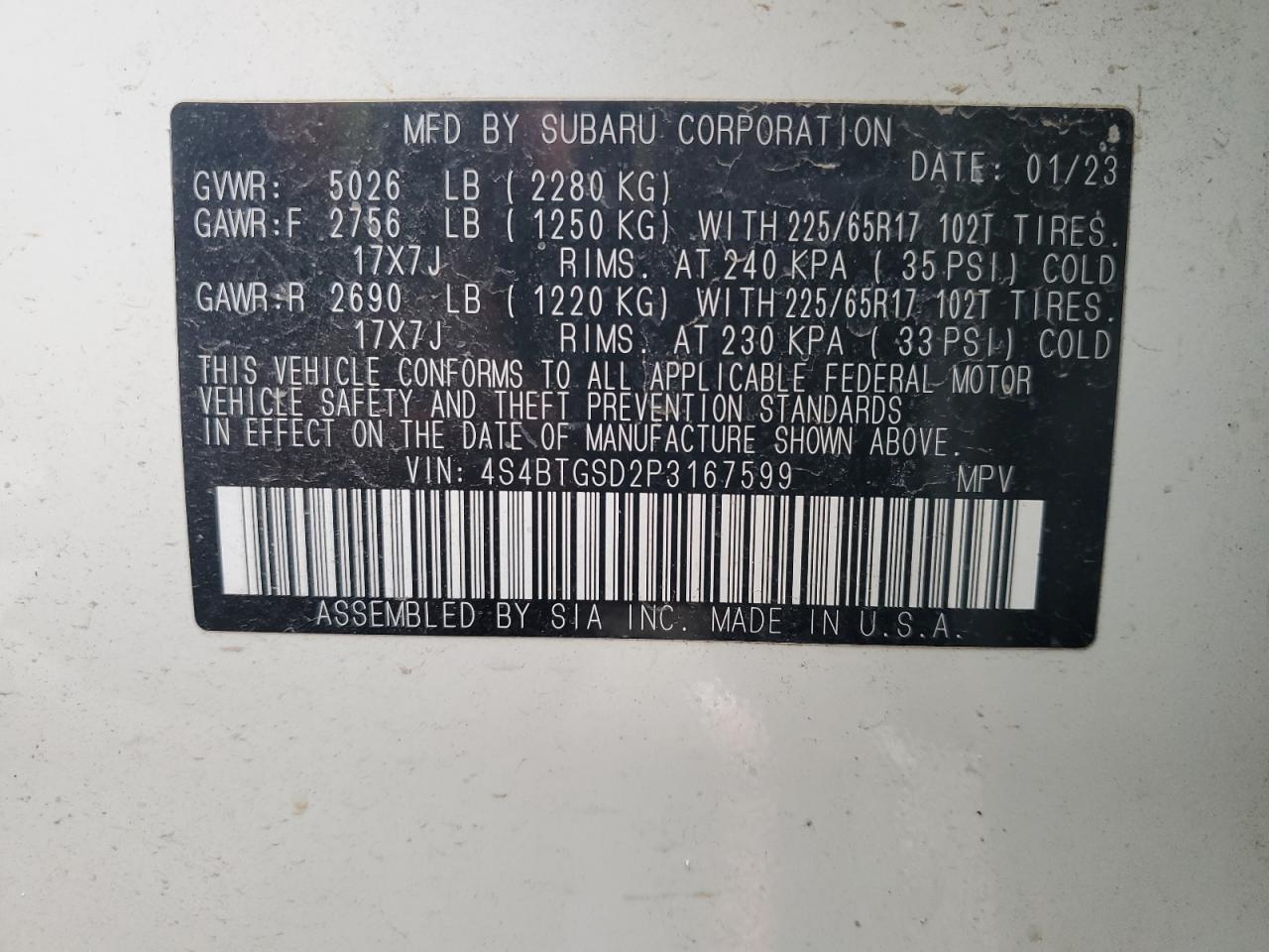 2023 SUBARU OUTBACK WILDERNESS VIN:4S4BTGSD2P3167599