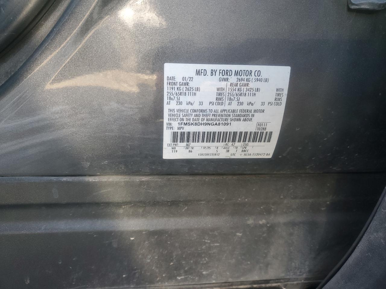 2022 FORD EXPLORER XLT VIN:1FMSK8DH9NGA81091