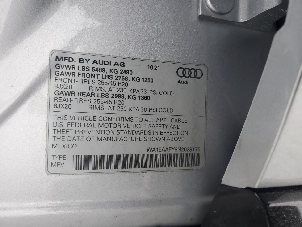 2022 AUDI Q5 SPORTBACK PRM PLS 45 VIN:WA15AAFY8N2029175