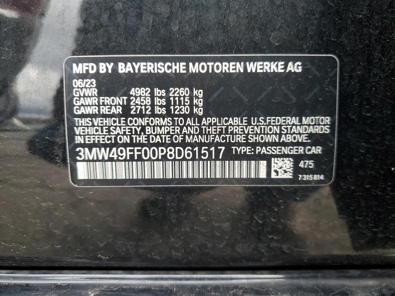 2023 BMW M340XI  VIN:3MW49FF00P8D61517