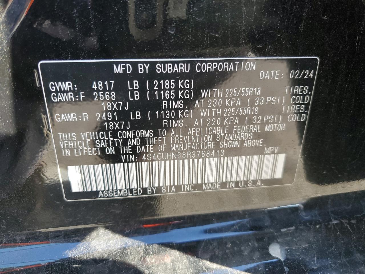 2024 SUBARU CROSSTREK LIMITED VIN:4S4GUHN68R3768413