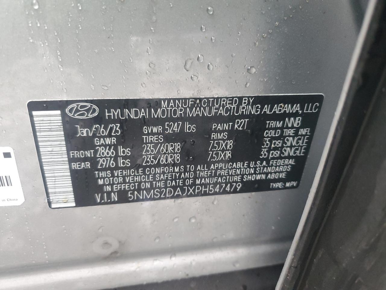 2023 HYUNDAI SANTA FE SEL VIN:5NMS2DAJXPH547479