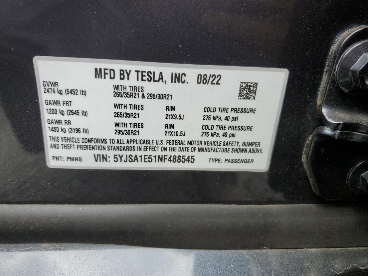 2022 TESLA MODEL S  VIN:5YJSA1E51NF488545