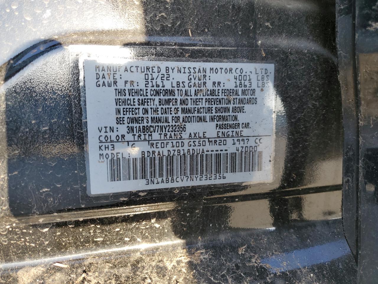 2022 NISSAN SENTRA SV VIN:3N1AB8CV7NY232356