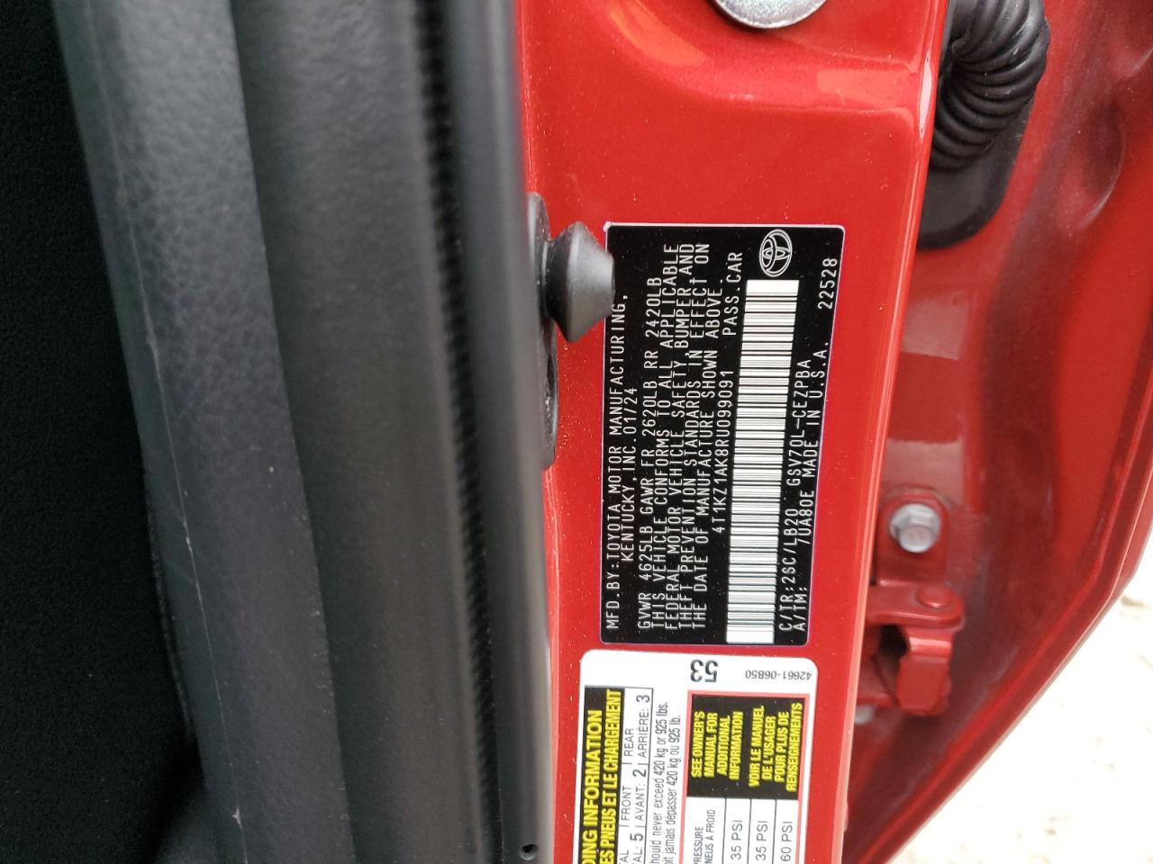 2024 TOYOTA CAMRY TRD VIN:4T1KZ1AK8RU099091