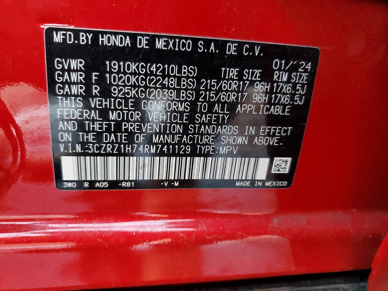 2024 HONDA HR-V EXL VIN:3CZRZ1H74RM741129