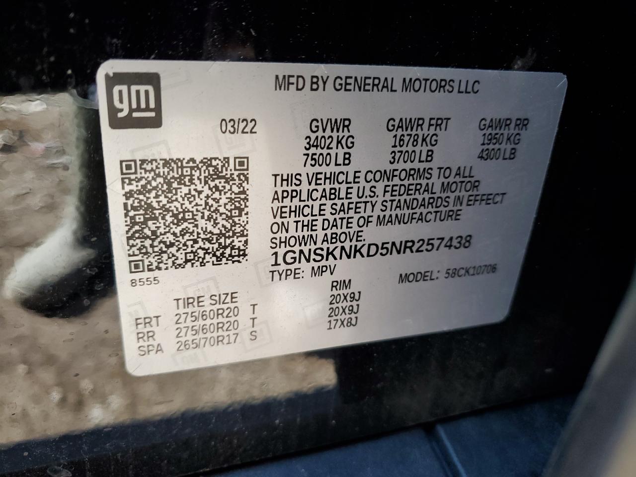 2022 CHEVROLET TAHOE K1500 LT VIN:1GNSKNKD5NR257438