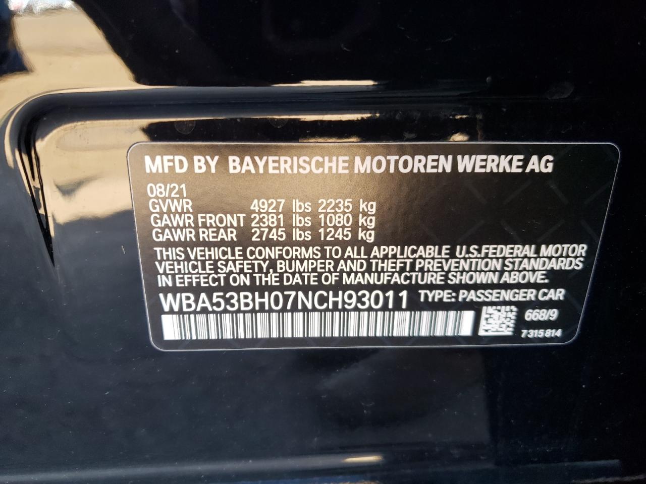2022 BMW 530 I VIN:WBA53BH07NCH93011