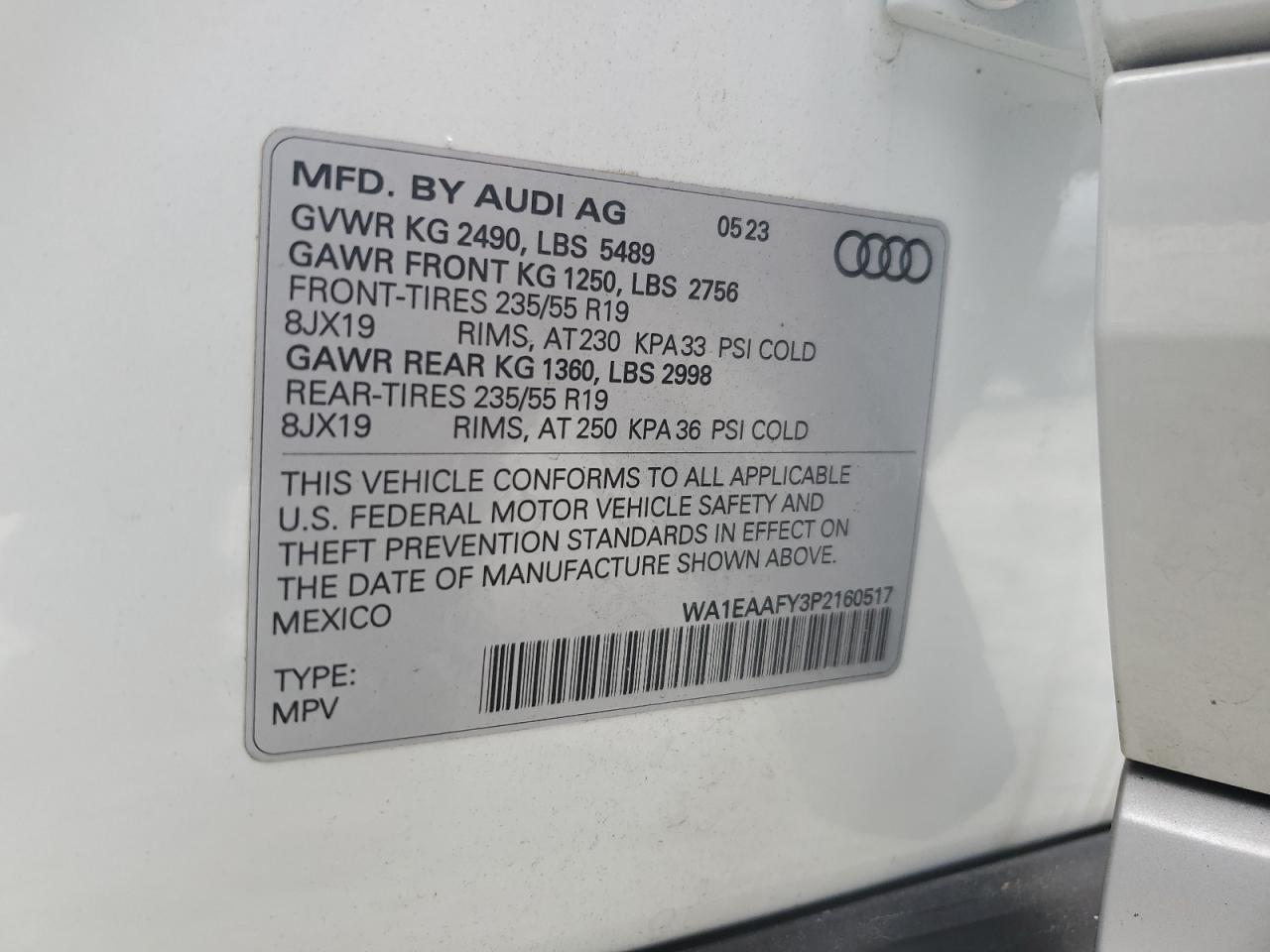 2023 AUDI Q5 PREMIUM PLUS 45 VIN:WA1EAAFY3P2160517