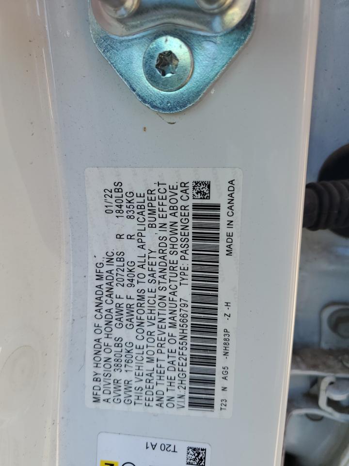 2022 HONDA CIVIC SPORT VIN:2HGFE2F55NH566797