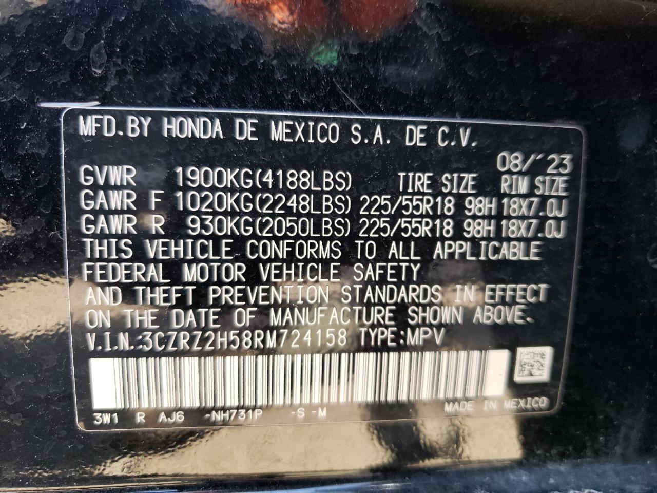 2024 HONDA HR-V SPORT VIN:3CZRZ2H58RM724158