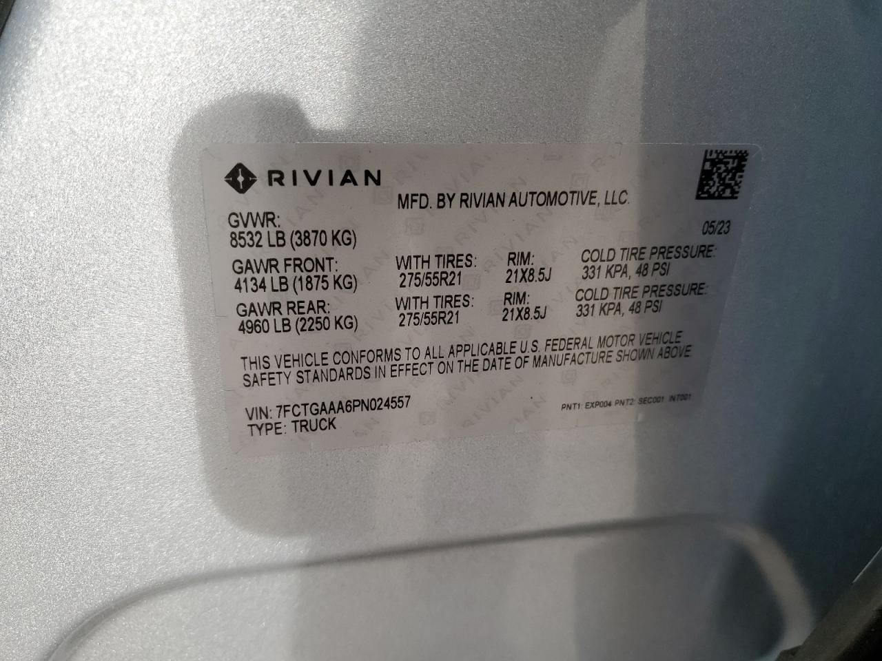 2023 RIVIAN R1T ADVENTURE VIN:7FCTGAAA6PN024557