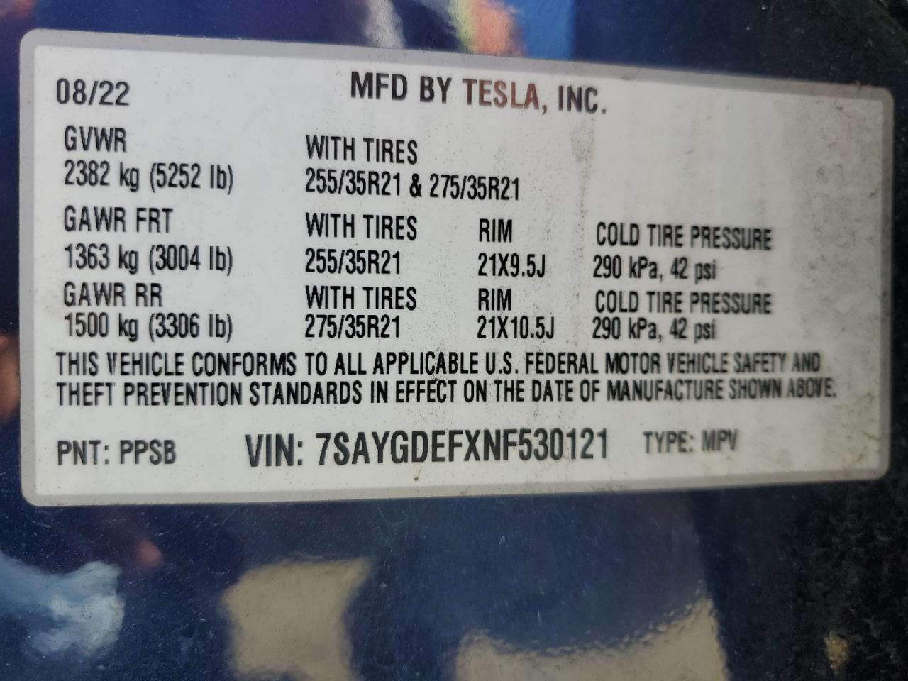 2022 TESLA MODEL Y  VIN:7SAYGDEFXNF530121