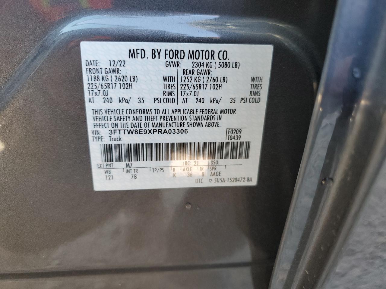 2023 FORD MAVERICK XL VIN:3FTTW8E9XPRA03306