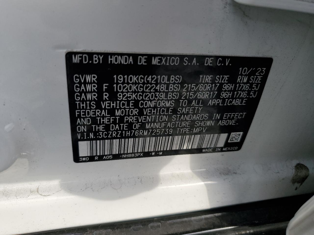 2024 HONDA HR-V EXL VIN:3CZRZ1H76RM725739