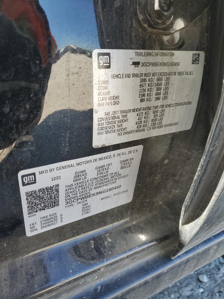 2022 CHEVROLET SILVERADO LTD C1500 CUSTOM VIN:3GCPWBEK9NG160450