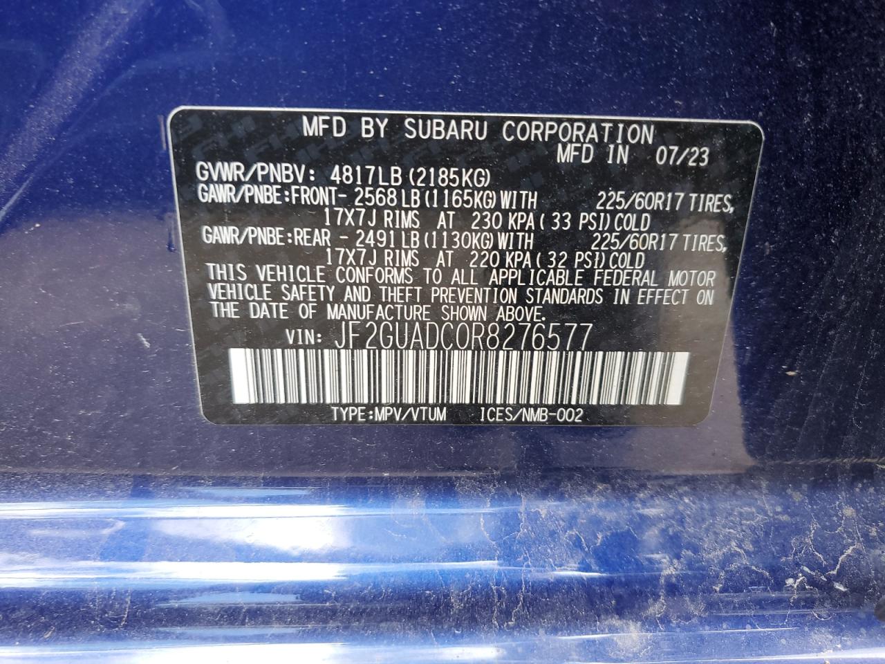 2024 SUBARU CROSSTREK PREMIUM VIN:WP0AA2A8XNS255297