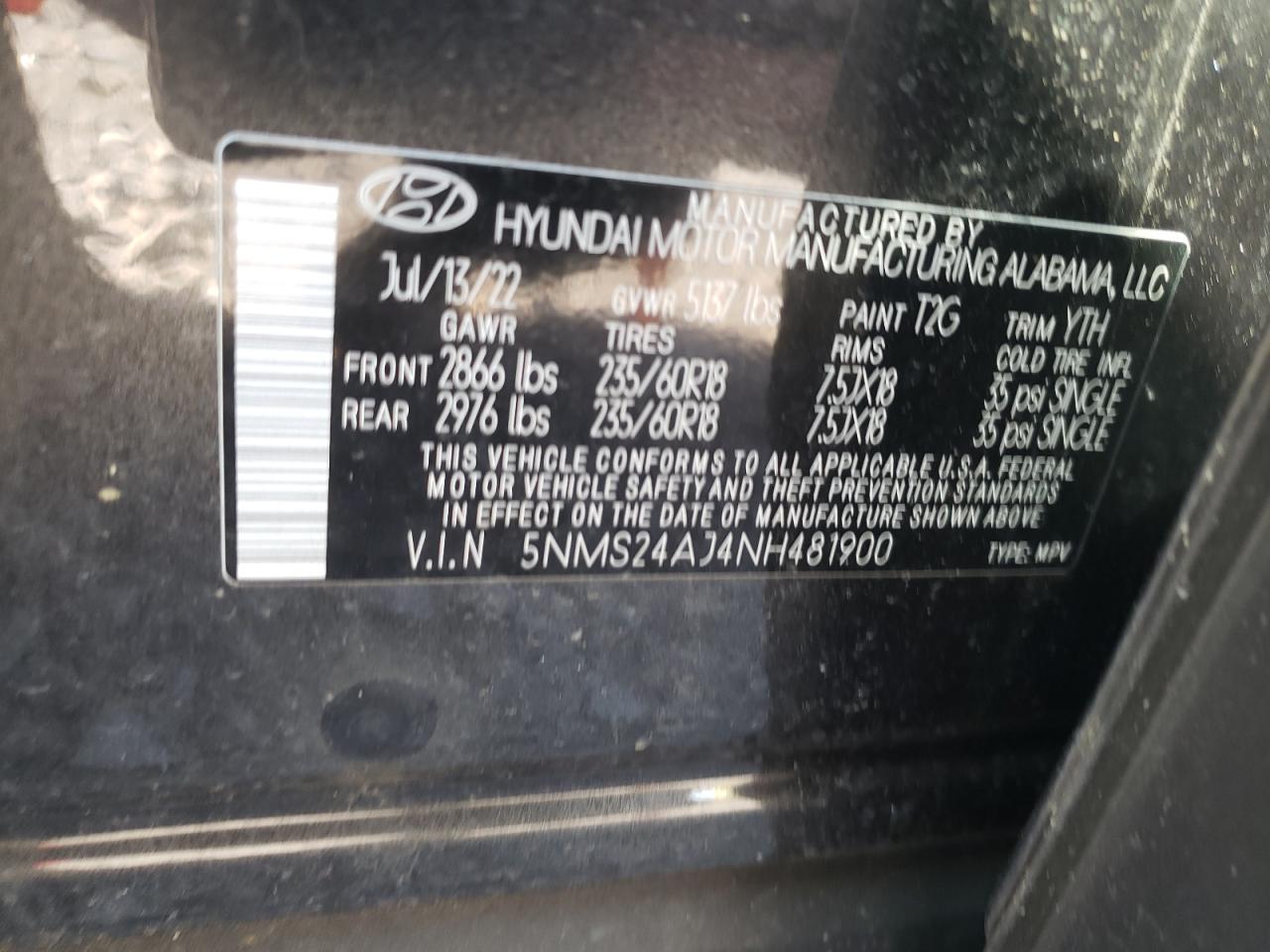 2022 HYUNDAI SANTA FE SEL VIN:5NMS24AJ4NH481900