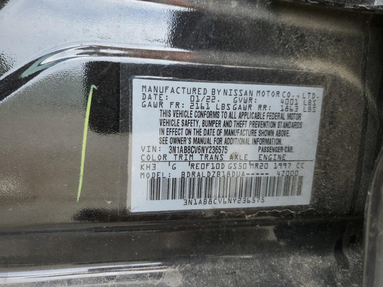 2022 NISSAN SENTRA SV VIN:3N1AB8CV6NY236575