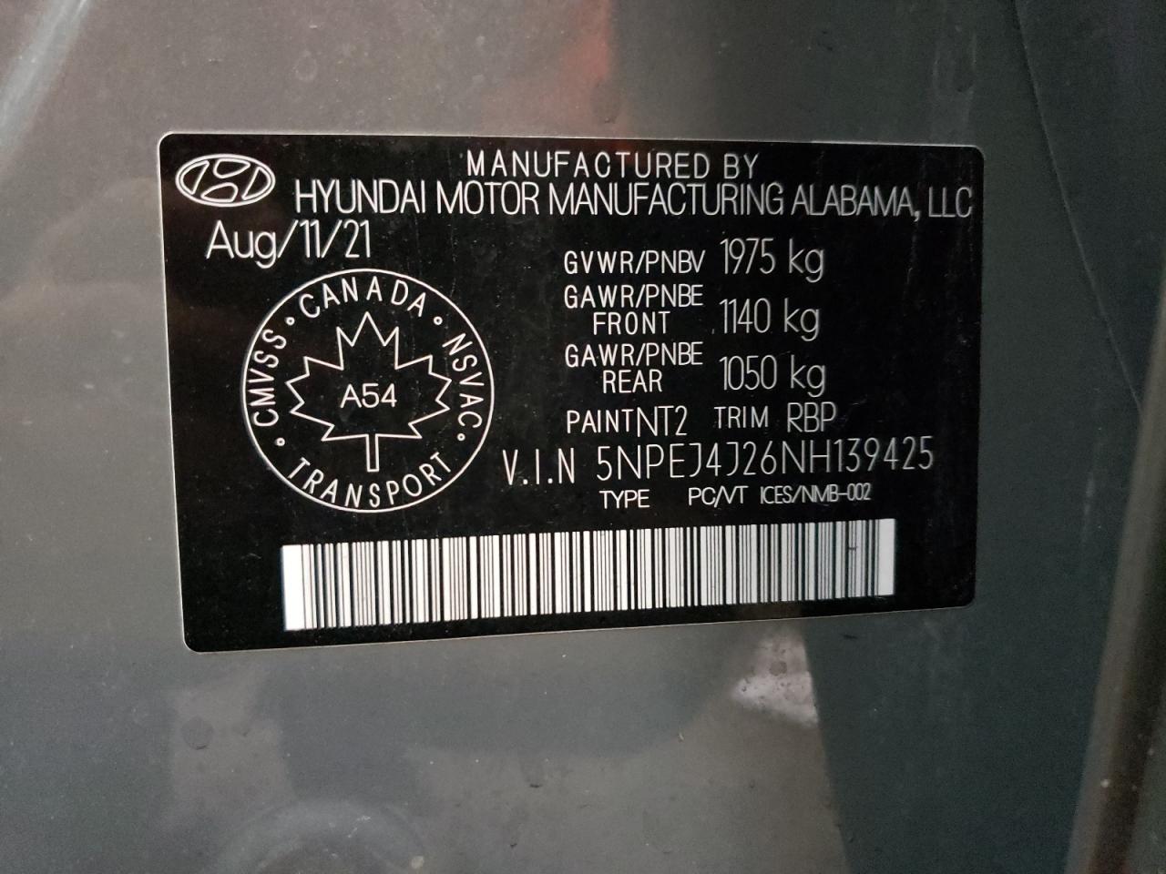 2022 HYUNDAI SONATA SEL PLUS VIN:5NPEJ4J26NH139425