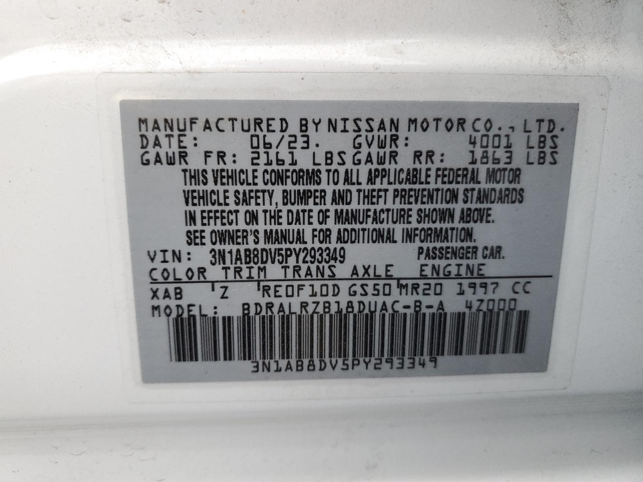 2023 NISSAN SENTRA SR VIN:3N1AB8DV5PY293349
