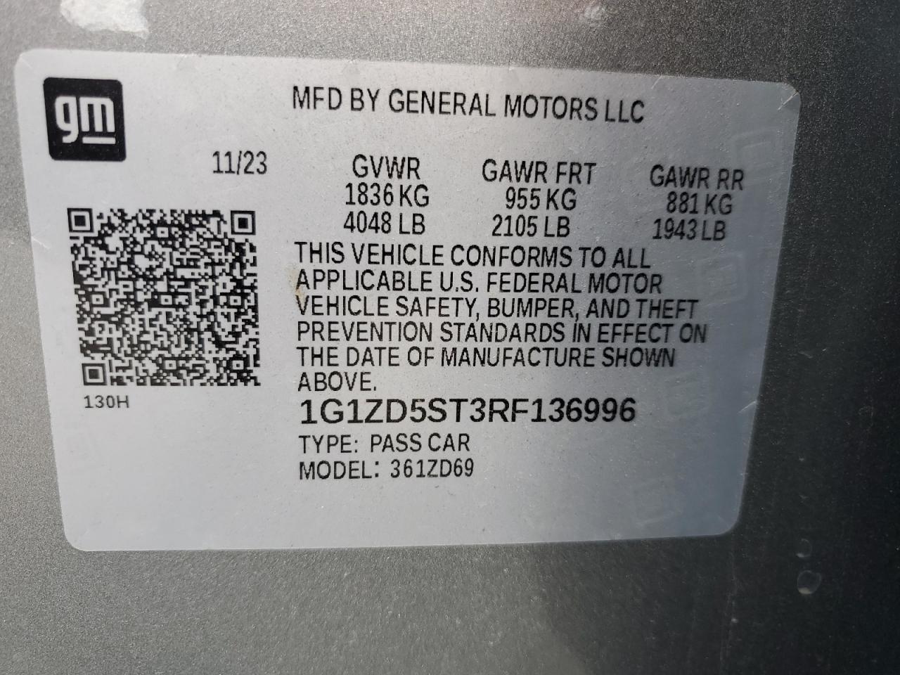 2024 CHEVROLET MALIBU LT VIN:1G1ZD5ST3RF136996