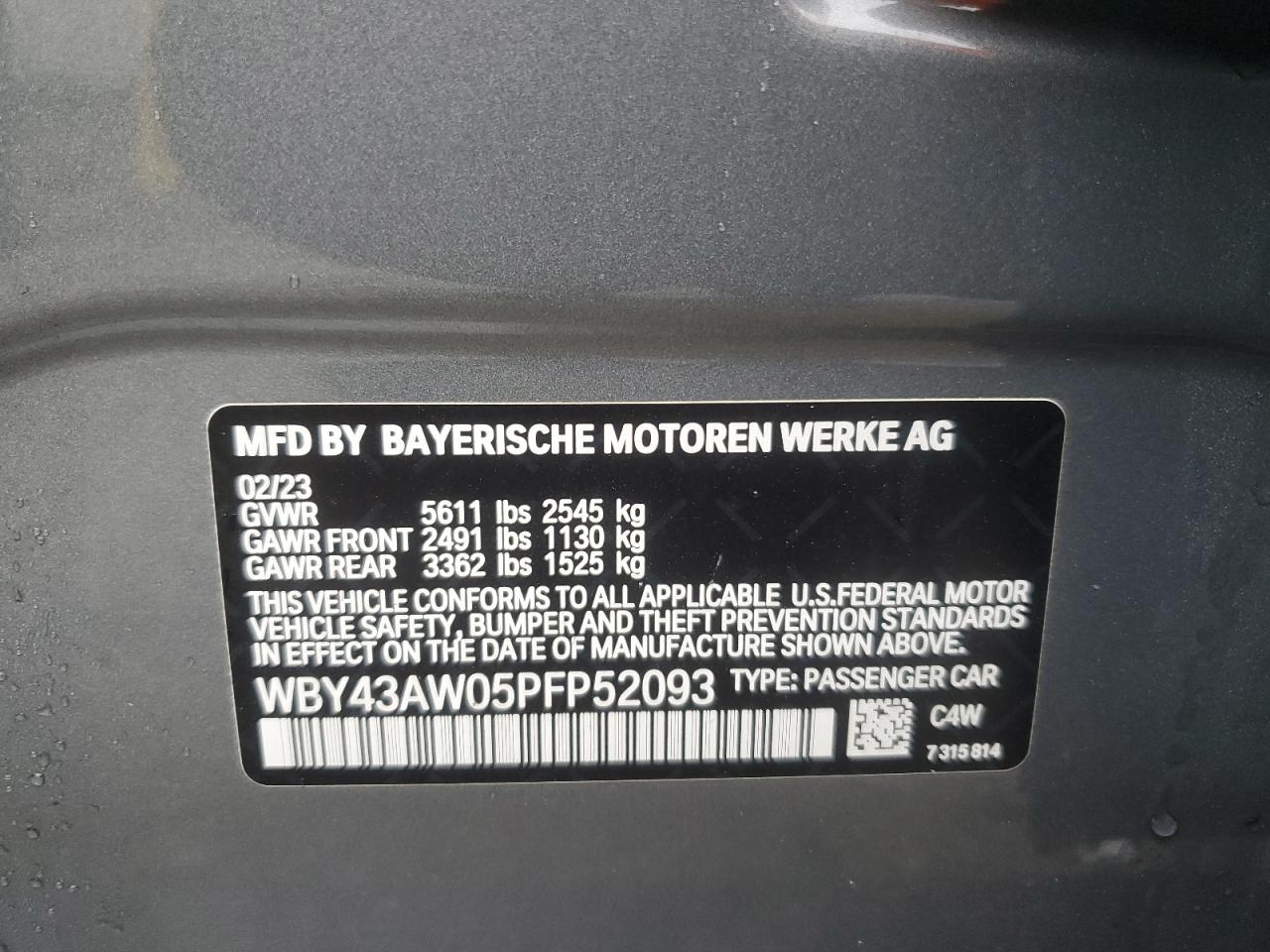 2023 BMW I4 EDRIVE 35 VIN:WBY43AW05PFP52093