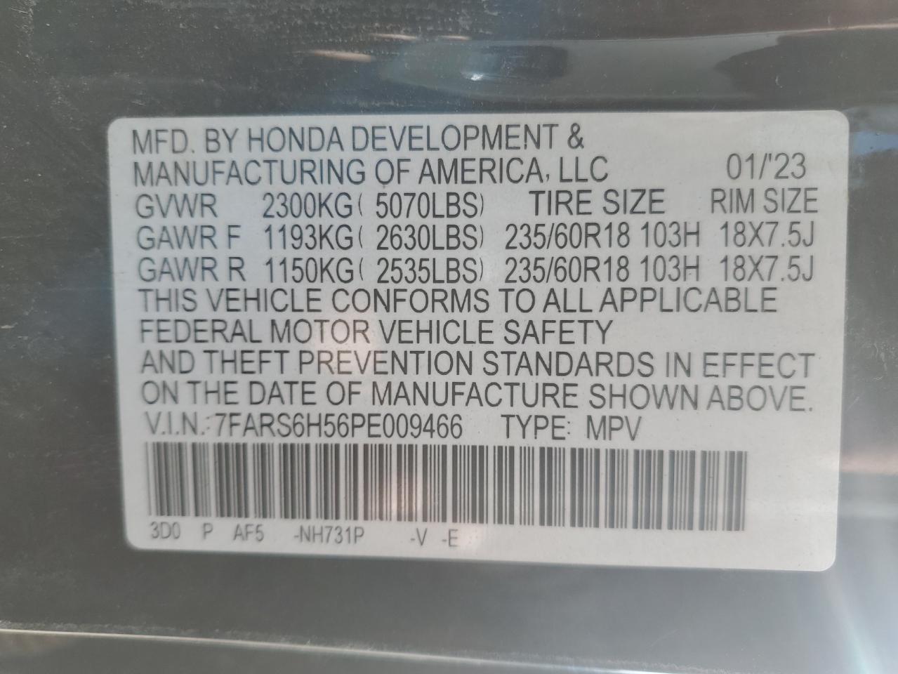 2023 HONDA CR-V SPORT VIN:7FARS6H56PE009466