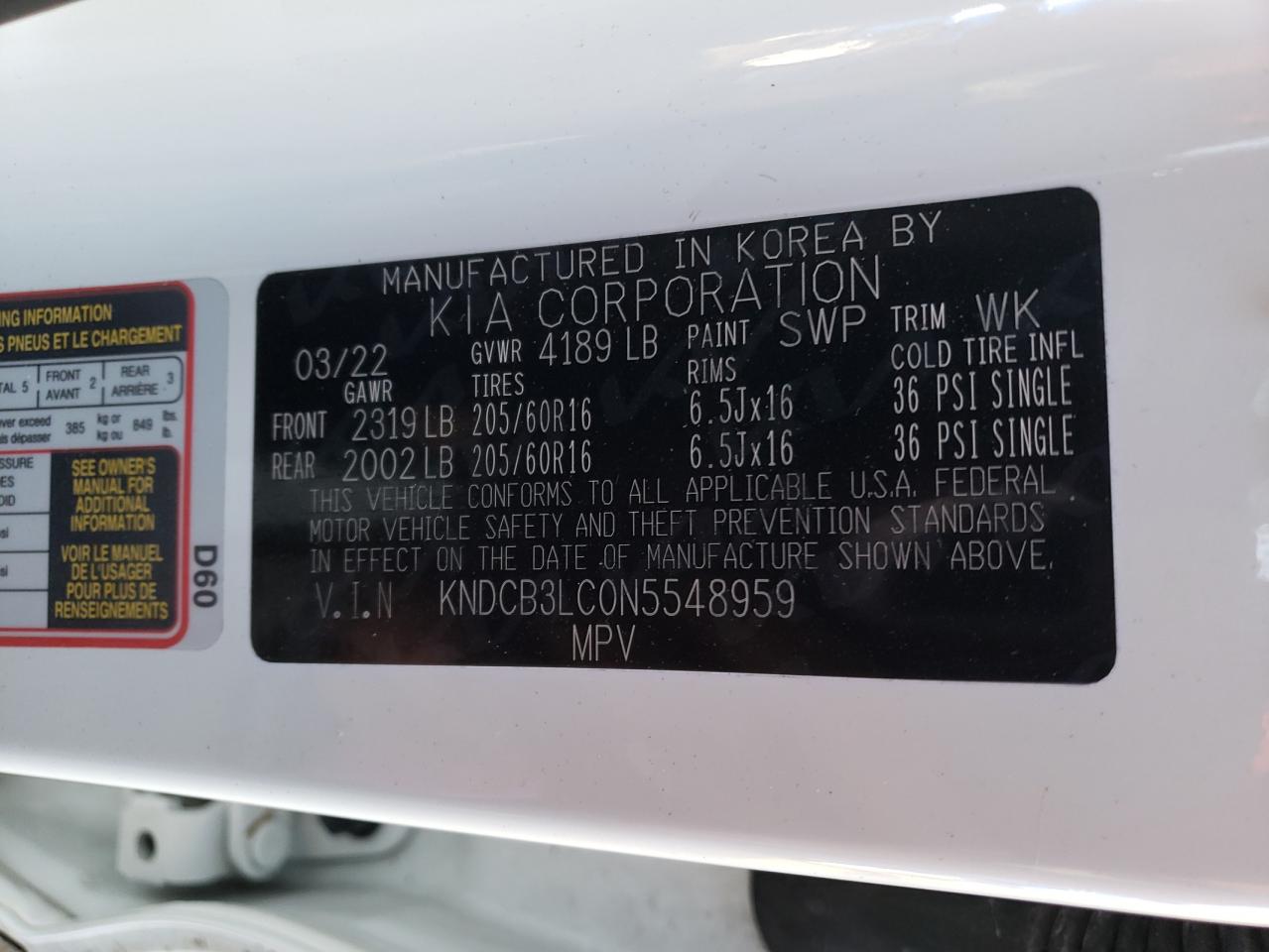 2022 KIA NIRO LX VIN:KNDCB3LC0N5548959