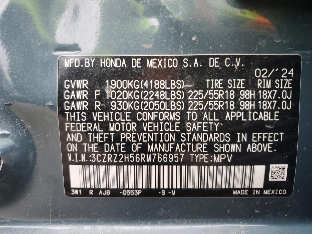 2024 HONDA HR-V SPORT VIN:3CZRZ2H56RM766957