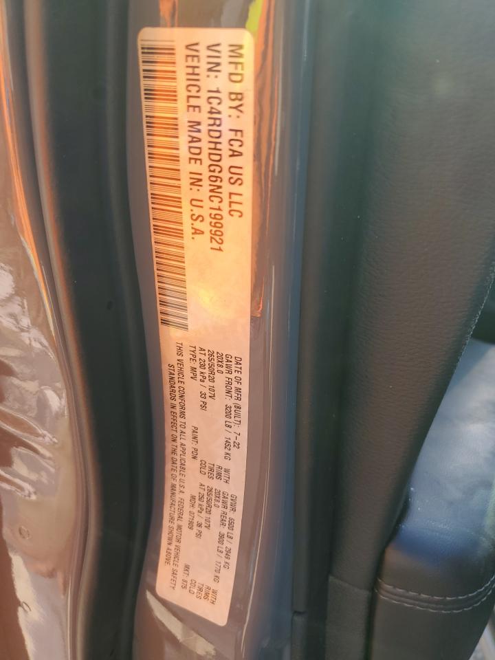 2022 DODGE DURANGO GT VIN:1C4RDHDG6NC199921