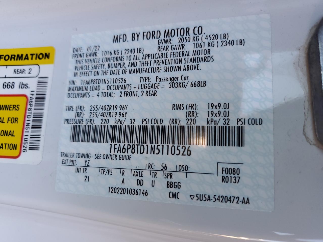 2022 FORD MUSTANG  VIN:1FA6P8TD1N5110526