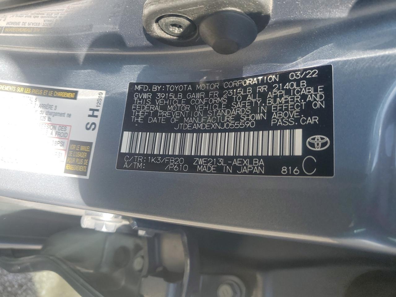 2022 TOYOTA COROLLA LE VIN:JTDEAMDEXNJ055590