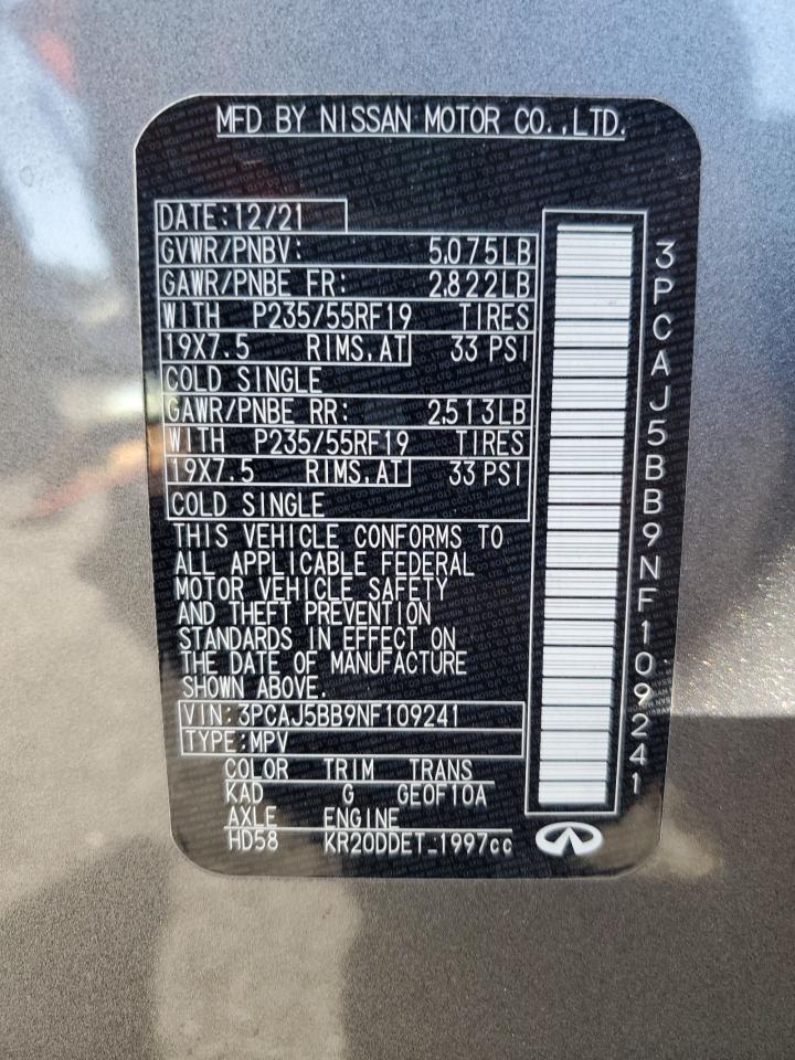 2022 INFINITI QX50 LUXE VIN:3PCAJ5BB9NF109241