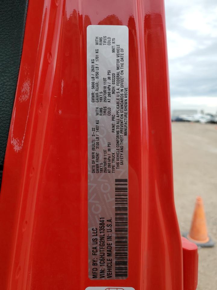 2022 JEEP GLADIATOR OVERLAND VIN:1C6HJTFG2NL135841