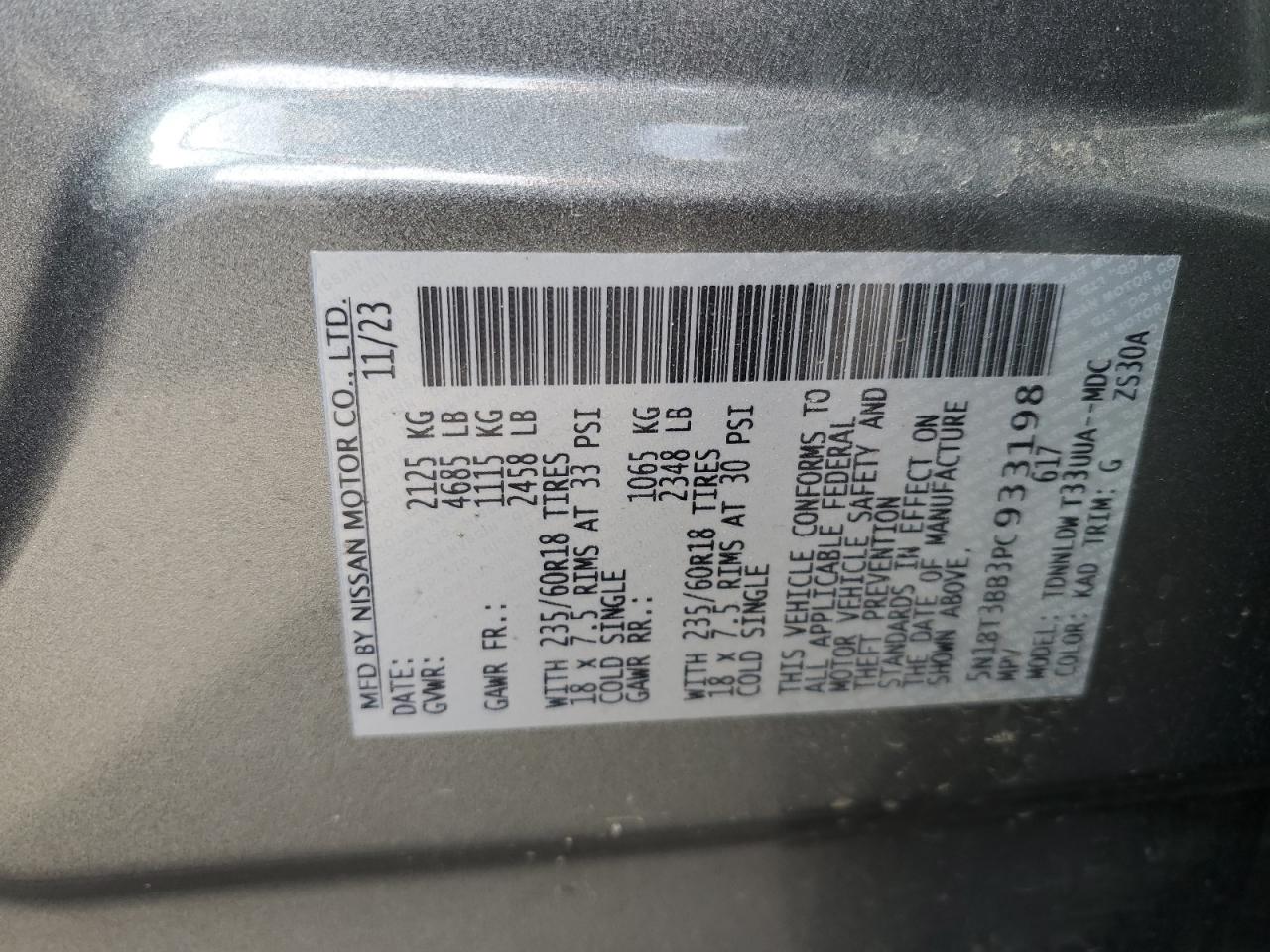 2023 NISSAN ROGUE SV VIN:5N1BT3BB3PC933198
