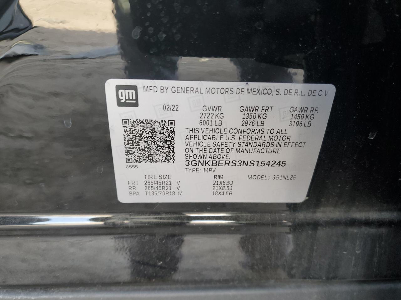 2022 CHEVROLET BLAZER RS VIN:3GNKBERS3NS154245