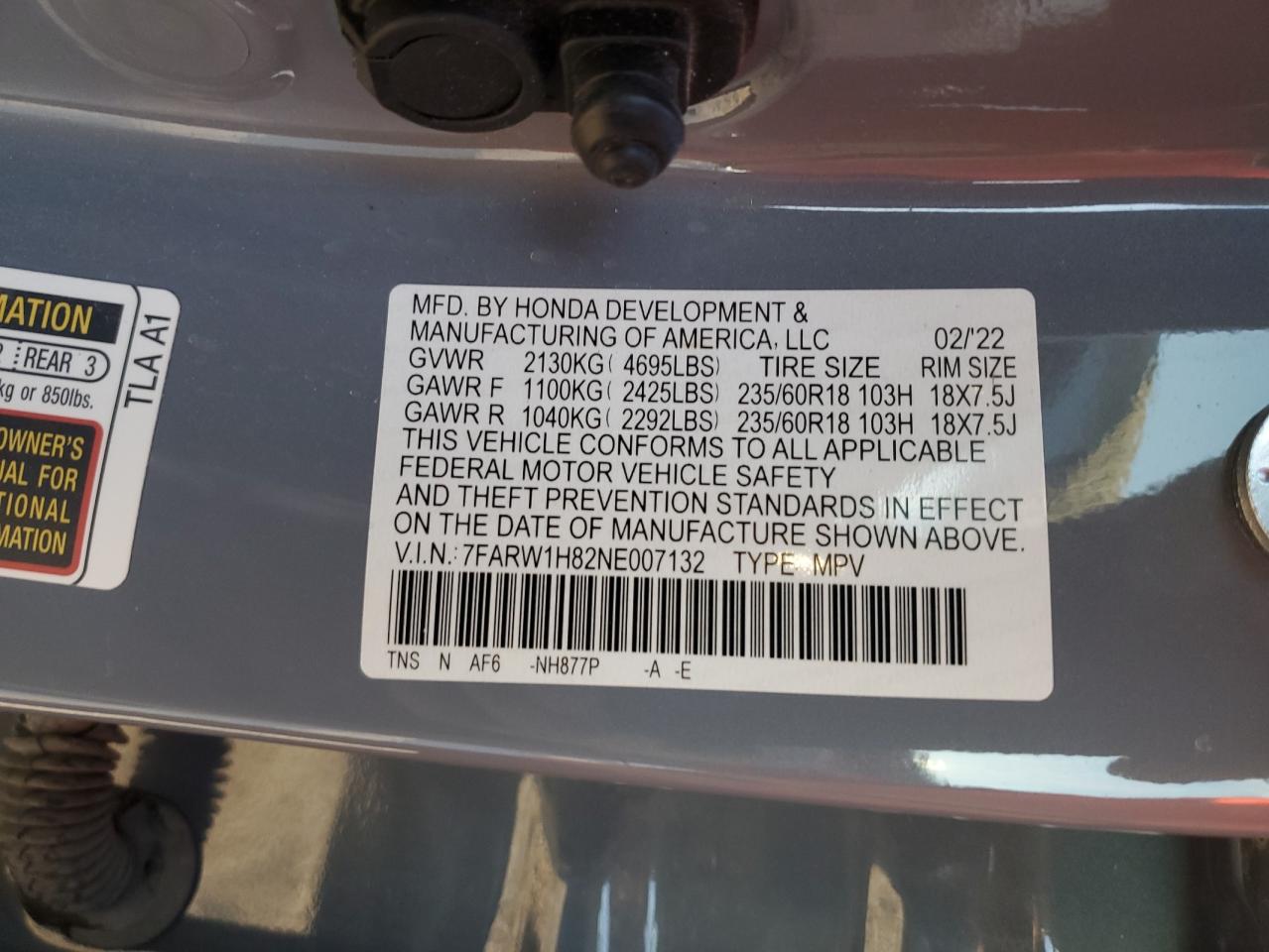 2022 HONDA CR-V EXL VIN:7FARW1H82NE007132