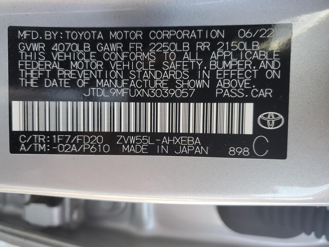2022 TOYOTA PRIUS LE VIN:JTDL9MFUXN3039057