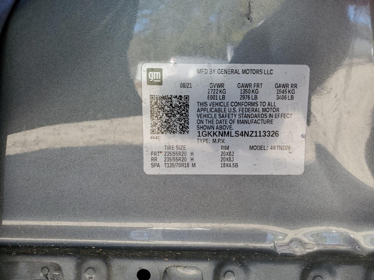 2022 GMC ACADIA SLT VIN:1GKKNMLS4NZ113326