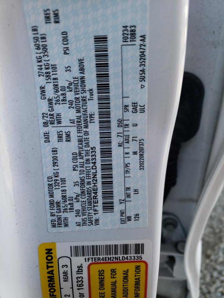 2022 FORD RANGER XL VIN:1FTER4EH2NLD43335