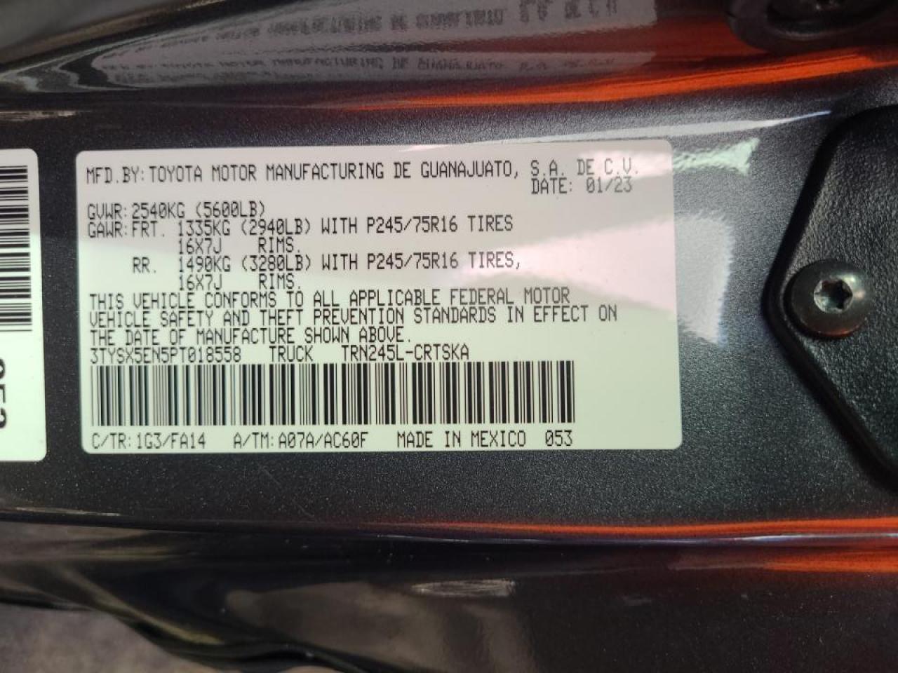 2023 TOYOTA TACOMA ACCESS CAB VIN:3TYSX5EN5PT018558