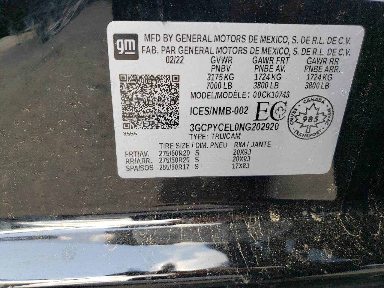 2022 CHEVROLET SILVERADO LTD K1500 TRAIL BOSS CUSTOM VIN:3GCPYCEL0NG202920