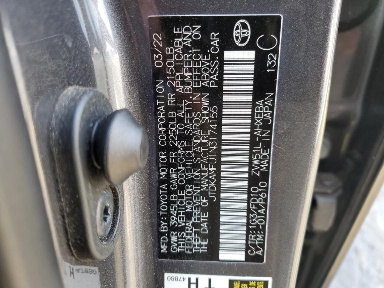 2022 TOYOTA PRIUS NIGHT SHADE VIN:JTDKAMFU1N3174155