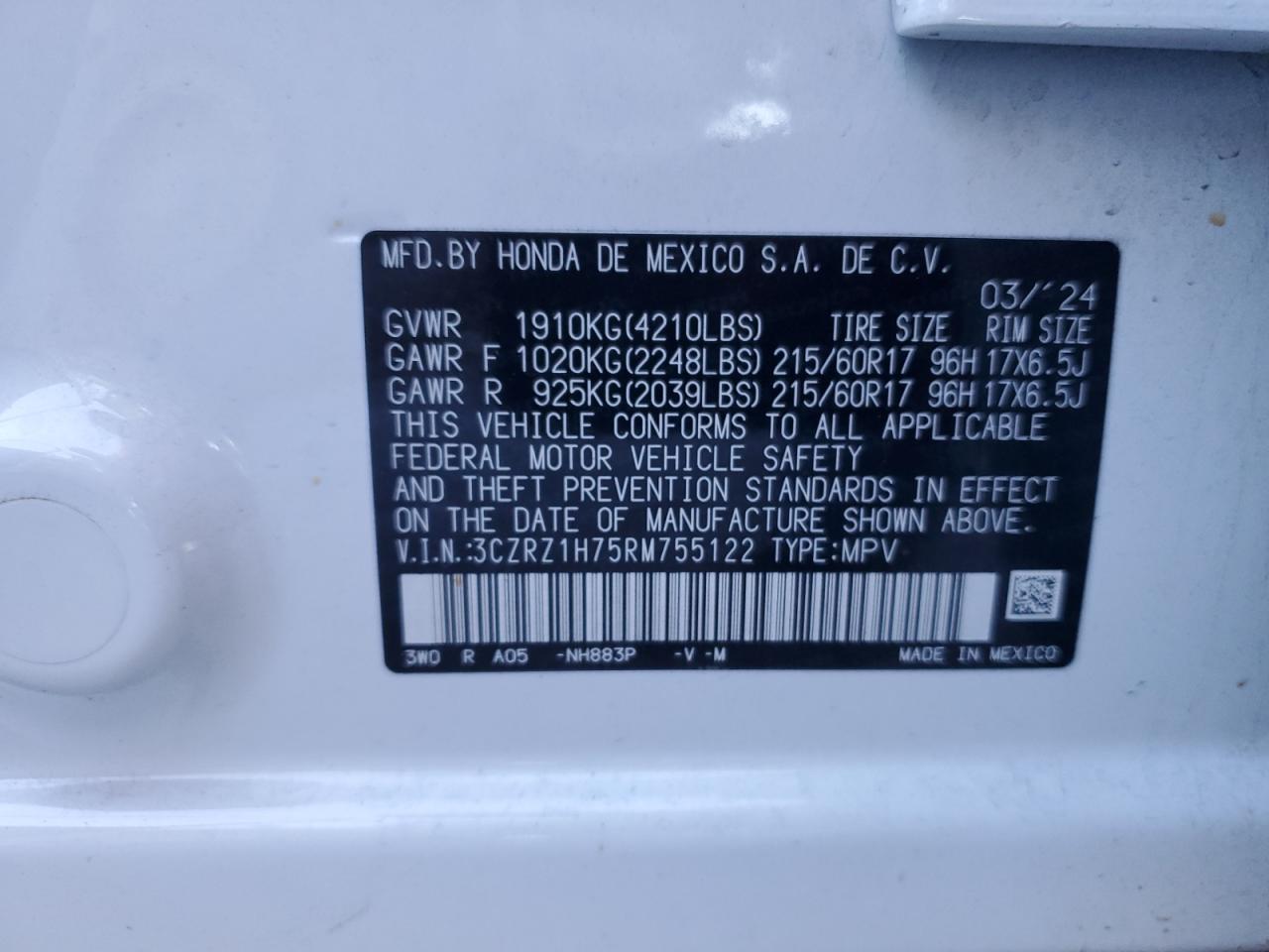 2024 HONDA HR-V EXL VIN:3CZRZ1H75RM755122