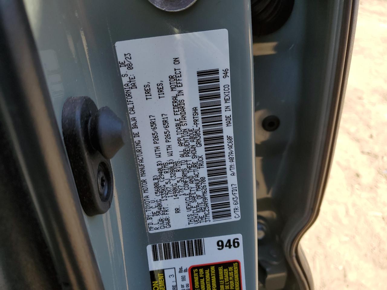 2023 TOYOTA TACOMA DOUBLE CAB VIN:3TMCZ5AN9PM626700