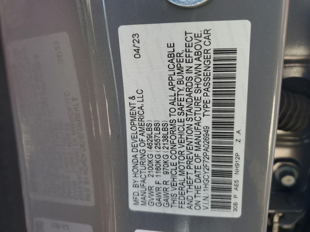 2023 HONDA ACCORD HYBRID SPORT-L VIN:1HGCY2F72PA026949